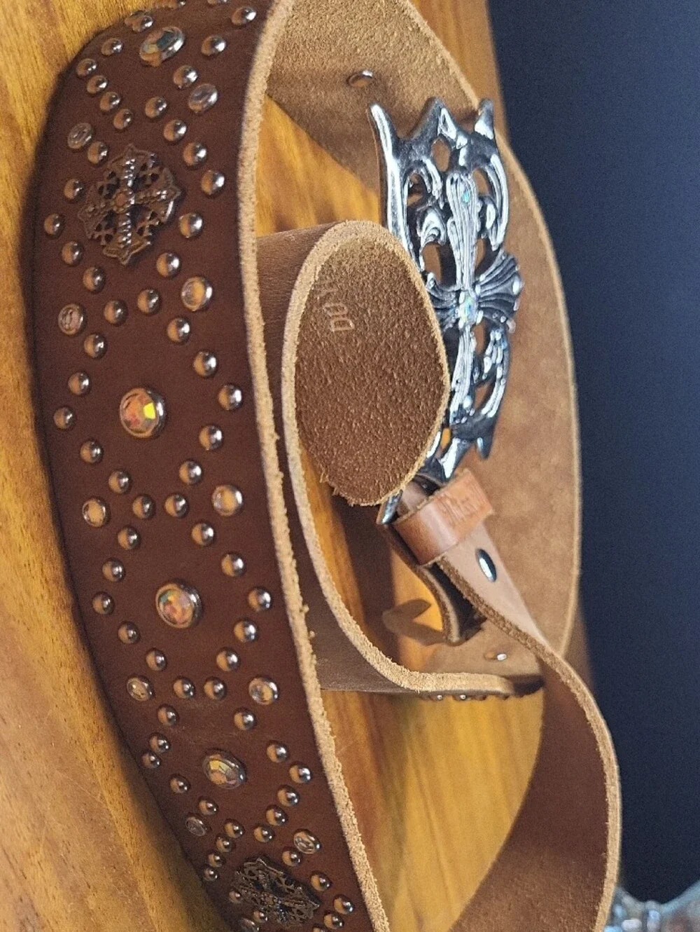 Miss Me Brown Leather Studded Belt with Ornate Silver-Tone Buckle